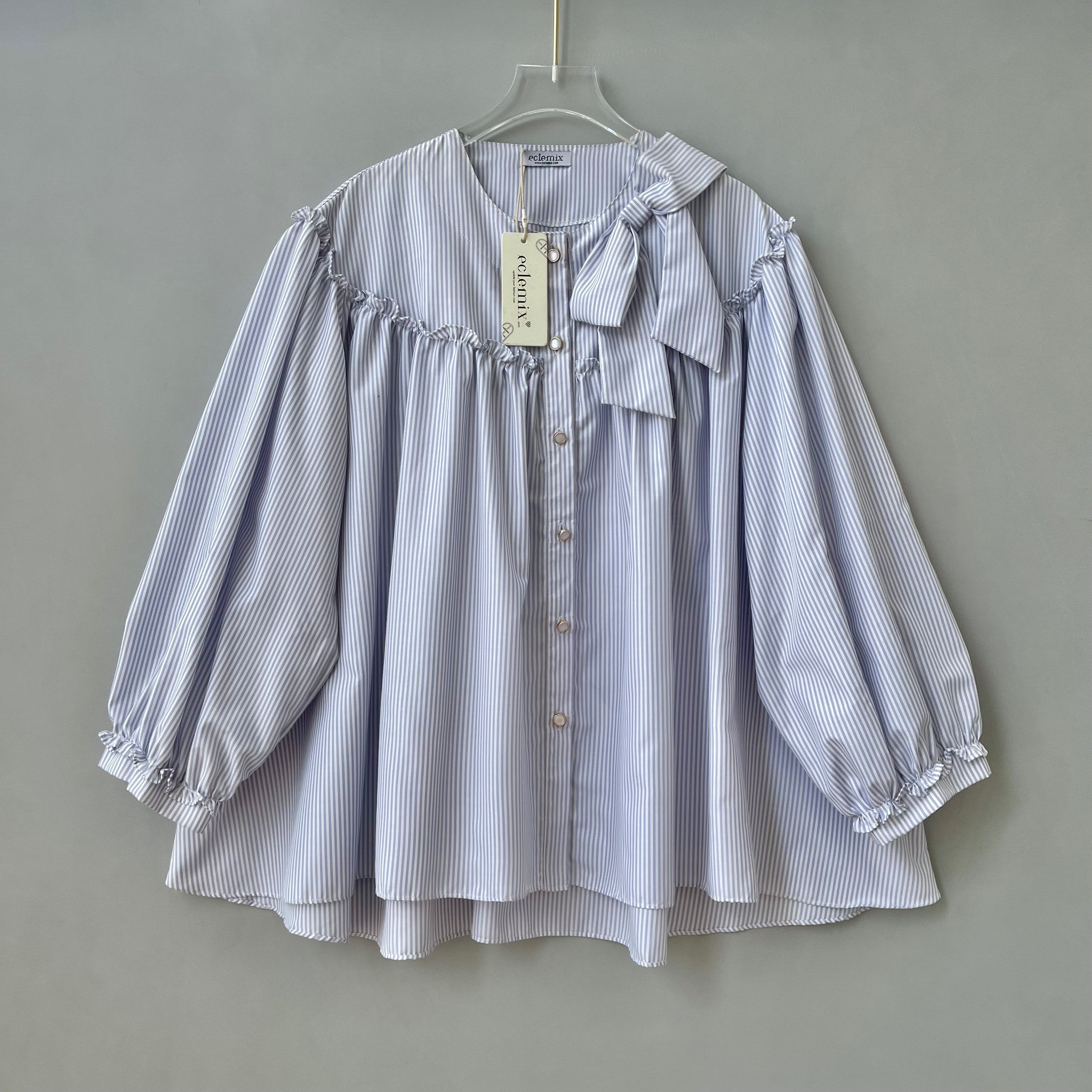 Image of Eclemix Top Tartha | Atasan Wanita Kemeja Motif Stripes Pita Bowtie